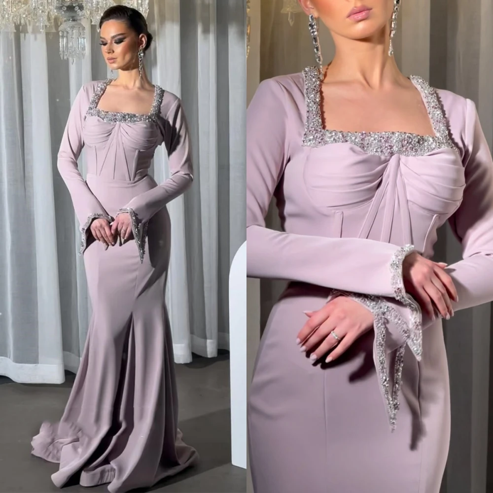 

Elegant Sparkle Square Collar Mermaid Sequin Prom Dresses Floor Length Long Sleeve Boho Formal Evening Gowns 이브닝드레스 فستان سهره