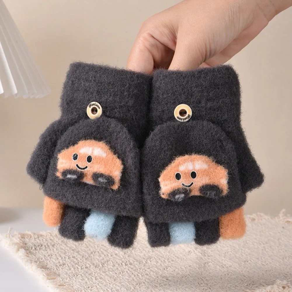 Cute Children Cartoon Gloves Warm Windproof Kids Winter Gloves Thickened Touch Screen Half Finger Flip Gloves Baby