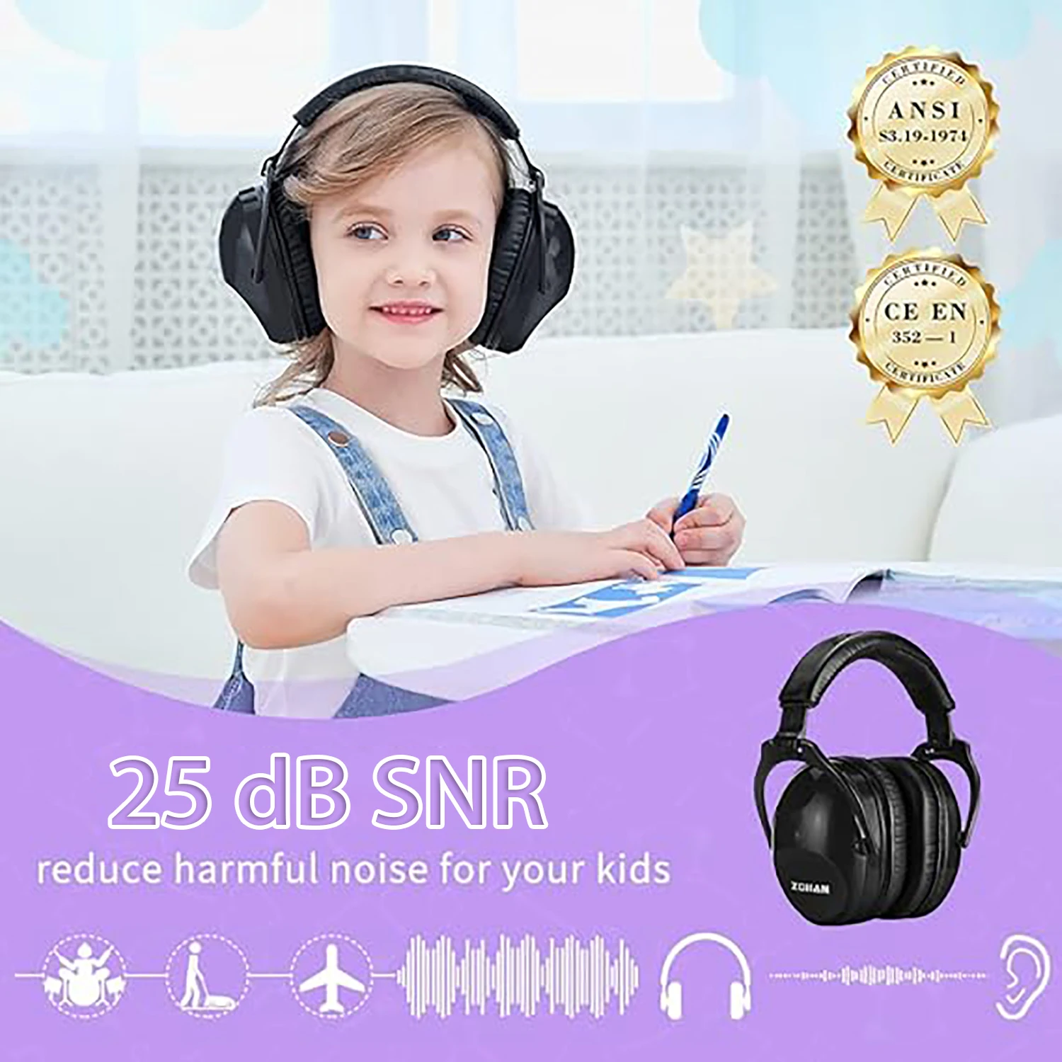 ZOHAN Kids Noise Reducing Earmuff Safety Hearing Protection Headphone for Autism Children Foldable EarCups Passive Defender 25dB