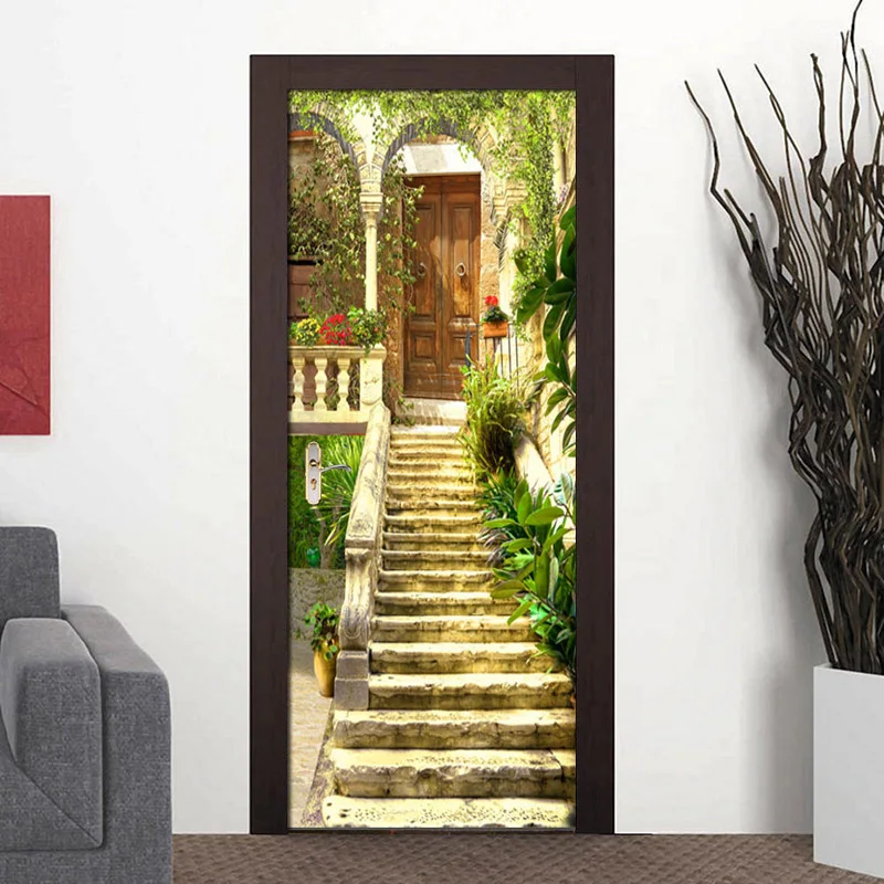 

3D Door Sticker Garden Mural Stone Stairs Photo Poster Wallpaper Stickers PVC Self Adhesive Removable Room Decoration Door Decal