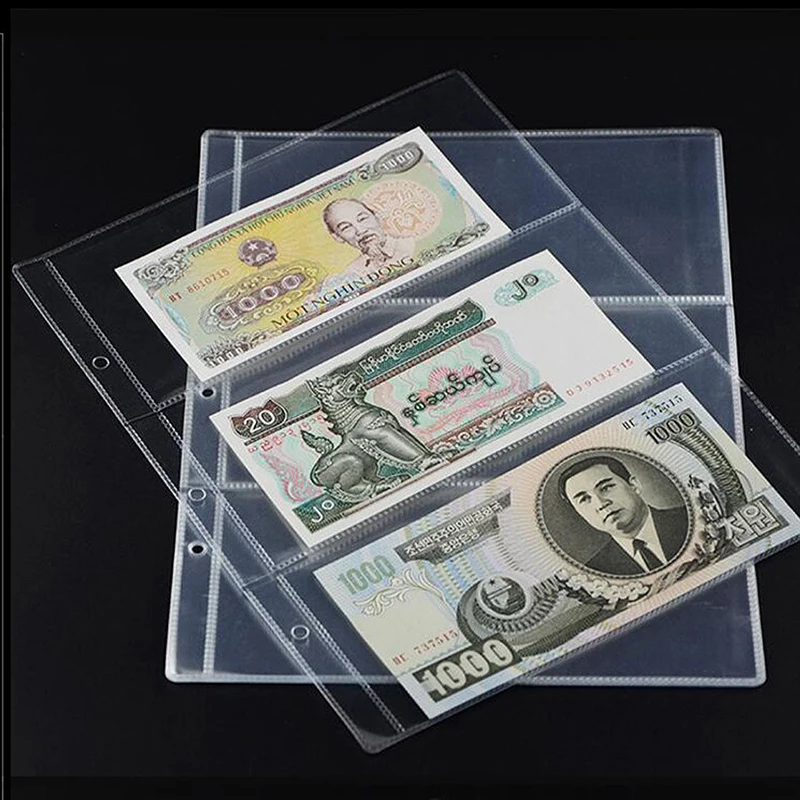 10Pcs Money Banknote Album Page Collecting Holder Sleeves 3-slot Loose Leaf