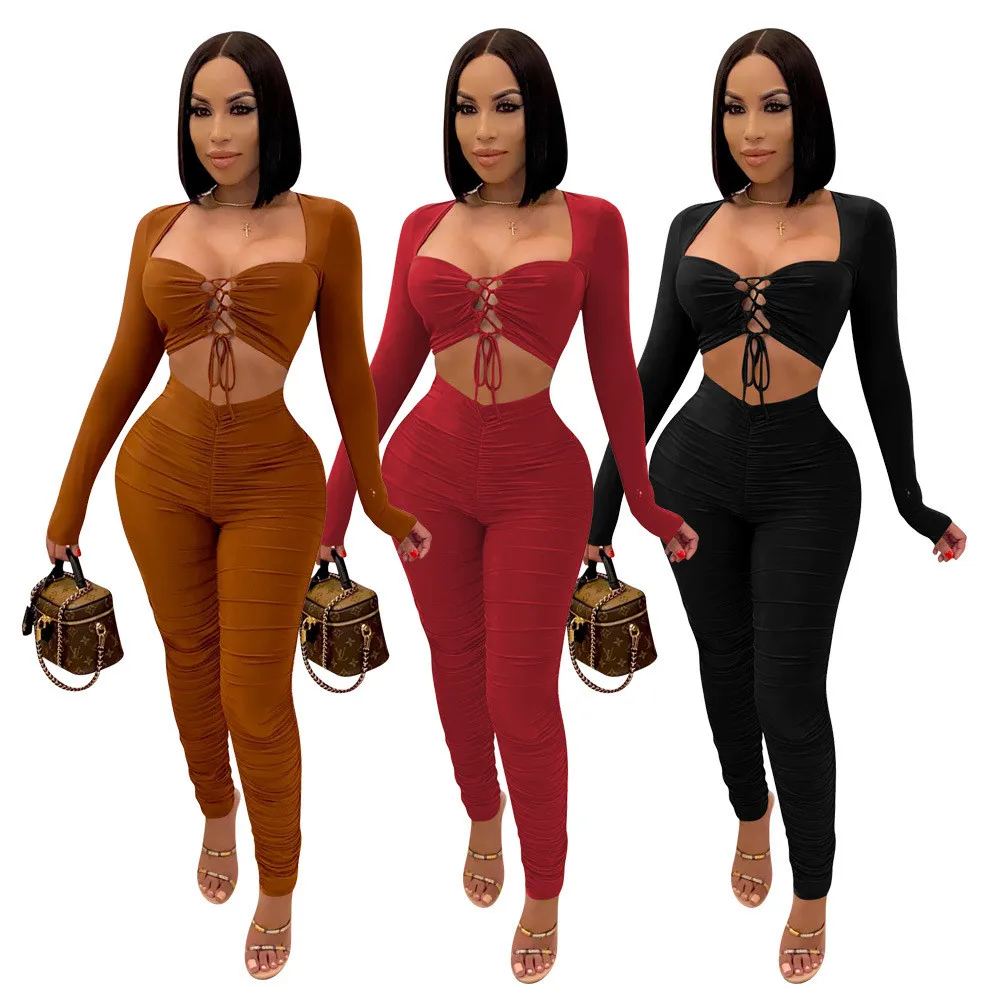 Women Crop Top and Pencil Pants Sexy Club Outfits Matching Set Ruched Bandage Bodycon Two Piece Set Birthday Party Chandal Mujer