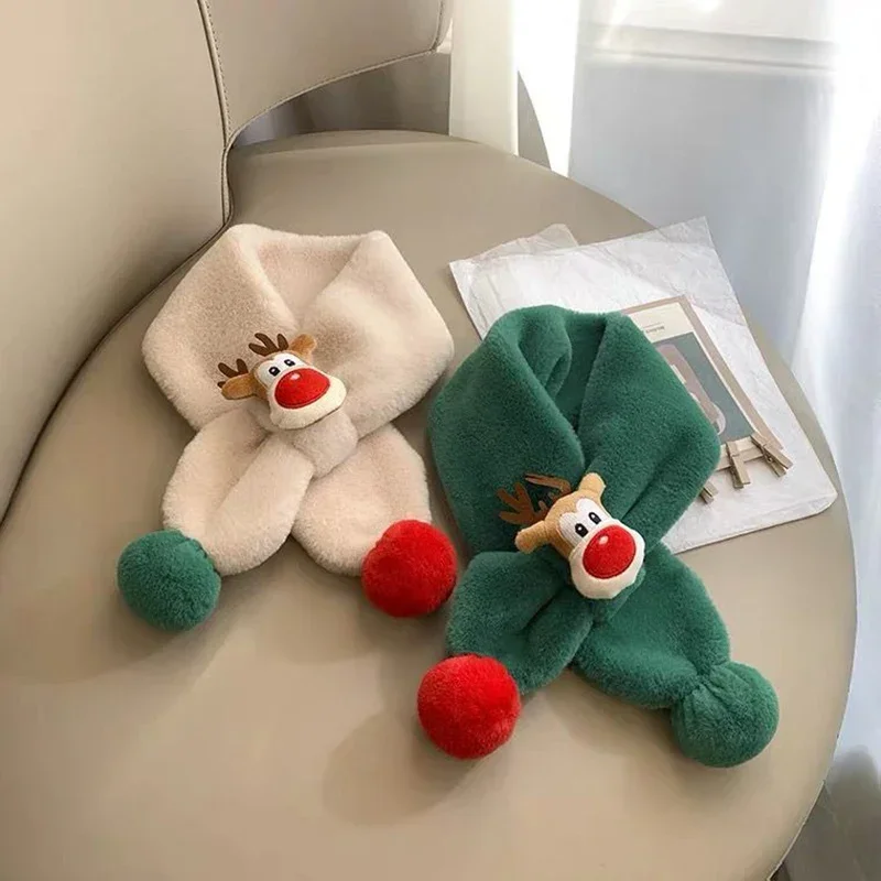 Kids Christmas Deer Scarf Warm Plush Fleece Neck Warmer for Boys Girls Windproof Winter Neck Wrap Cozy Animal Patterned Scarf