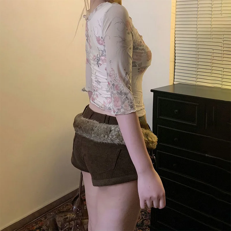 2026 Summer Women Y2K Sweet Casual Floral Print Sheer Mesh Ruffle Trim Slim Fit Cropped Square Neck Elbow Sleeve Crop Top