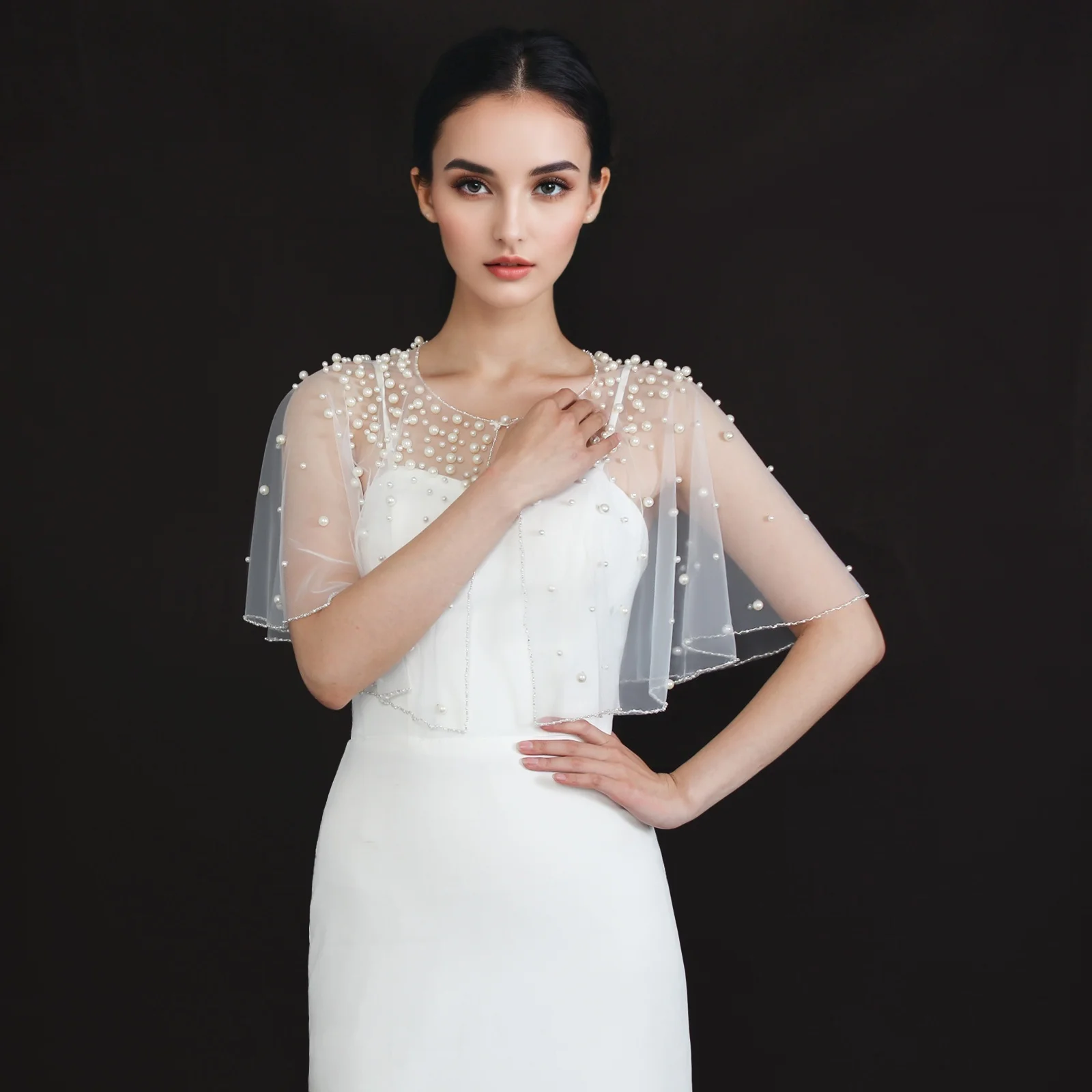 

Элегантная белая прозрачная тюлевая шаль с жемчугом, свадебная накидка с короткими рукавами для невесты, чехол на плечо, церемониальная вечеринка GP31