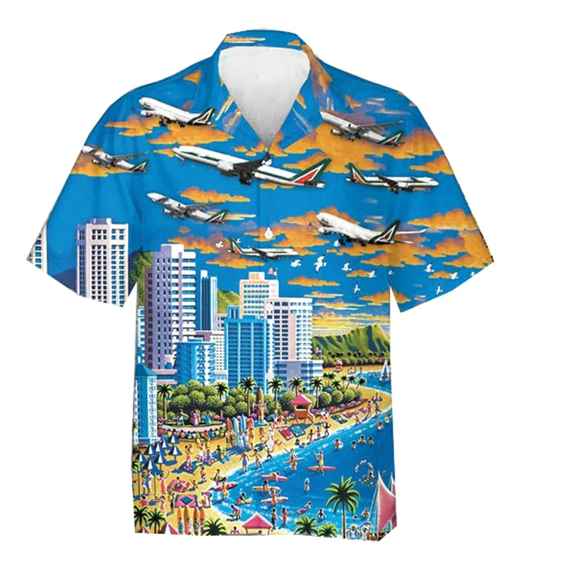 Plane Battle Graphic Shirts for Men Clothing 3D Printed Hawaiian Beach Shirts Short Sleeve y2k Tops Vintage Clothes Lapel Blouse