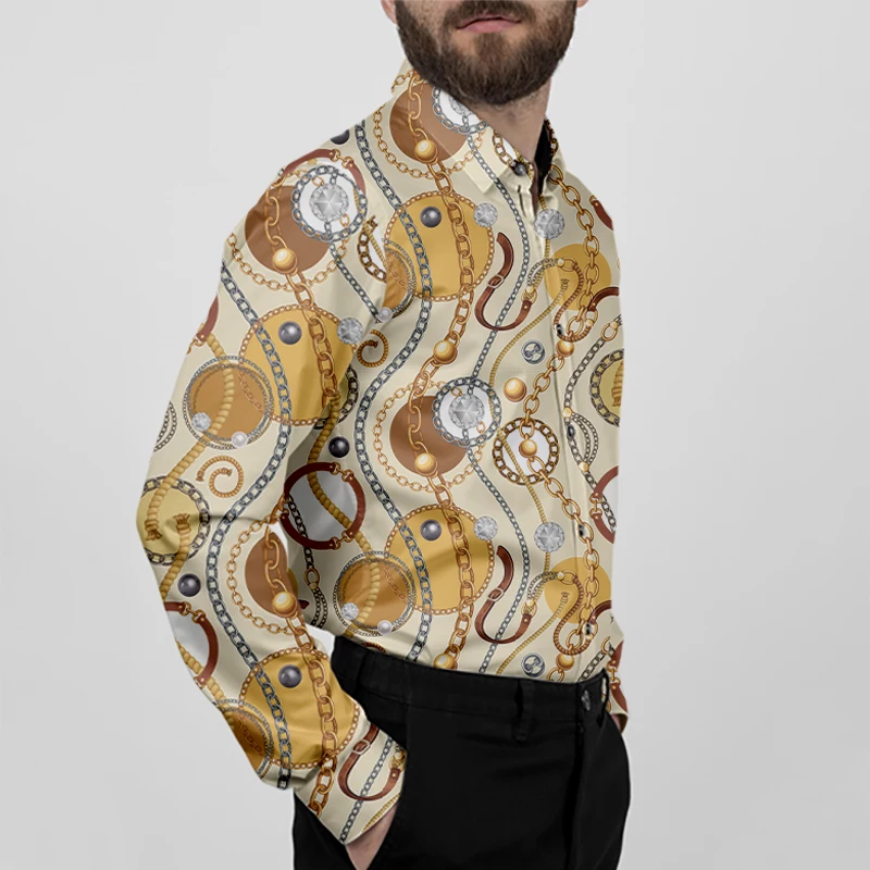 Fashionable gold chain printed men\'s long sleeved button up shirt for spring and autumn, parties and banquets