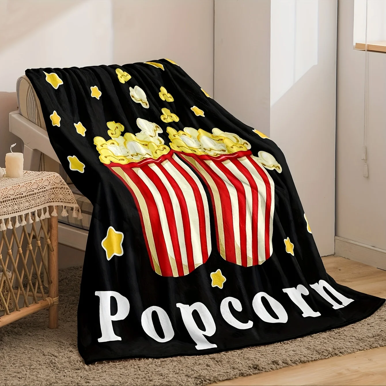 1pc digital printed black popcorn element blanket, warm, soft and comfortable skin friendly flannel plush cover blanket, suitabl