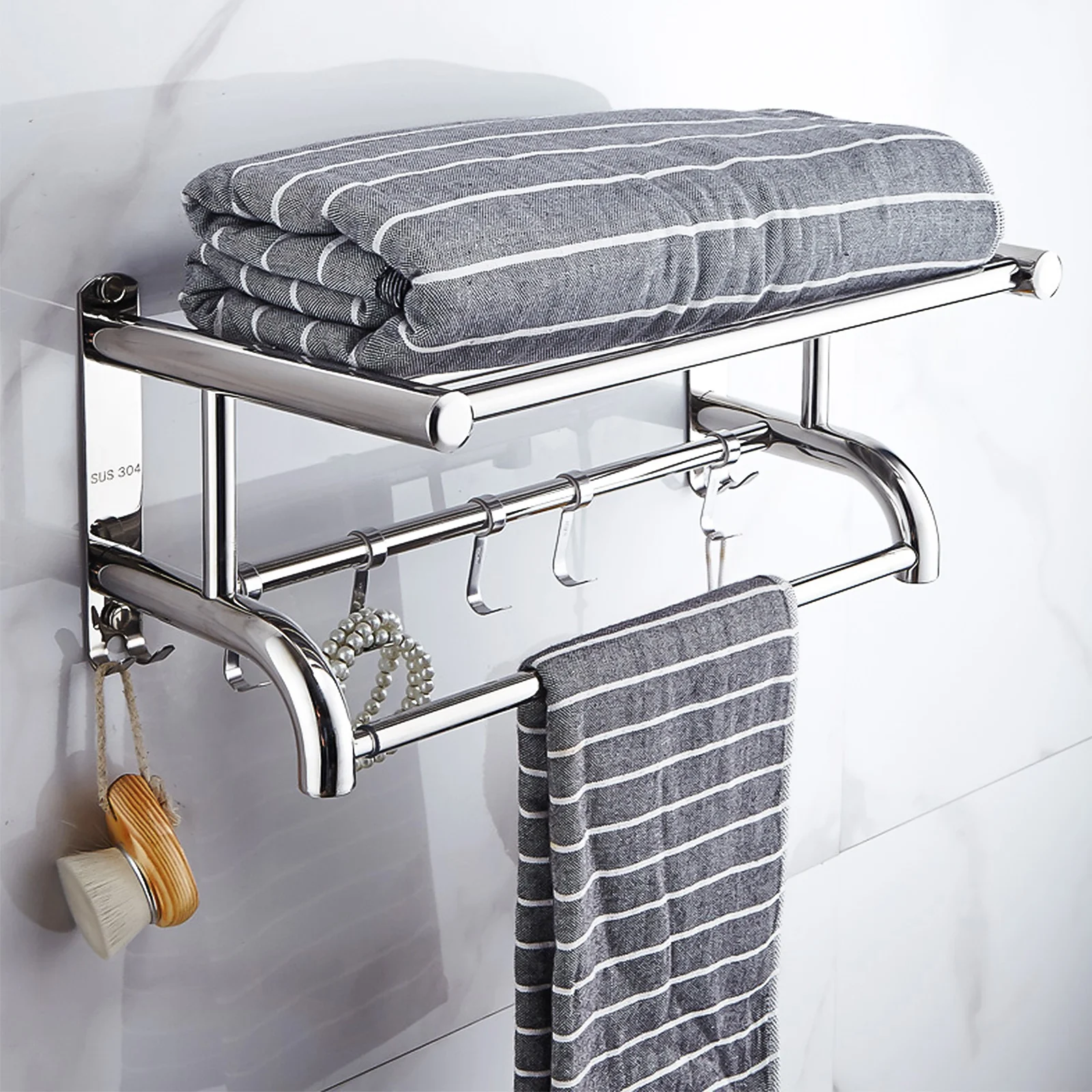 Wall Mounted Towel Rack Bathroom Hanging Rail Telescopic Towel Holder with 4 Hooks Retractable Adjustable Towel Shelf