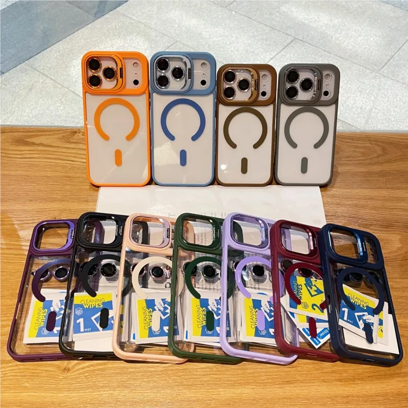 Capa transparente para iphone 17 air 16 15 14 plus 13 12 11 pro max para magsafe carga sem fio suporte da câmera capa de lente