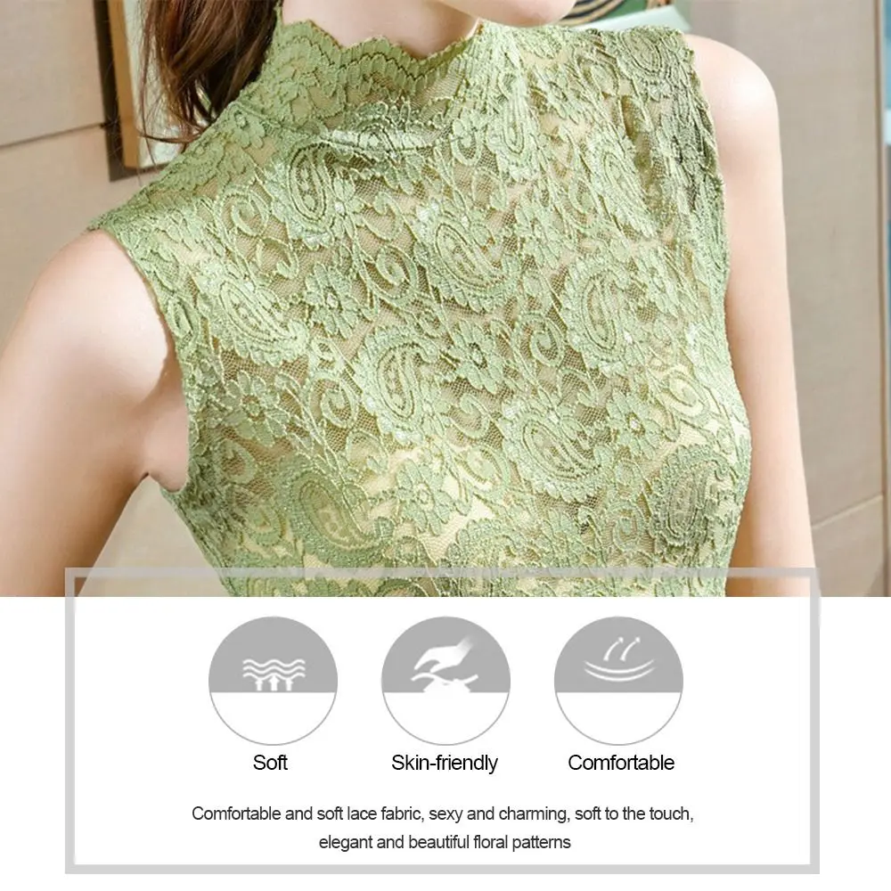 Elegant Half High Collar Floral Tank Tops Hollowed-out Black White Lace Shirt Sleeveless Vest Women Girls