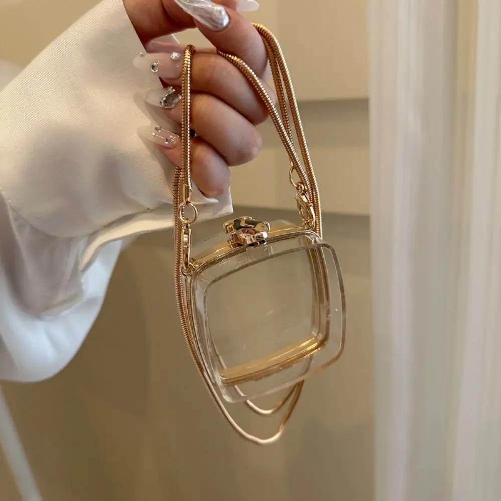 

Creative Clear Acrylic Chain Bag with Chain Strap Round/Square/Heart/Polygon Transparent Shoulder Bag Gold Lock Buckle Portable
