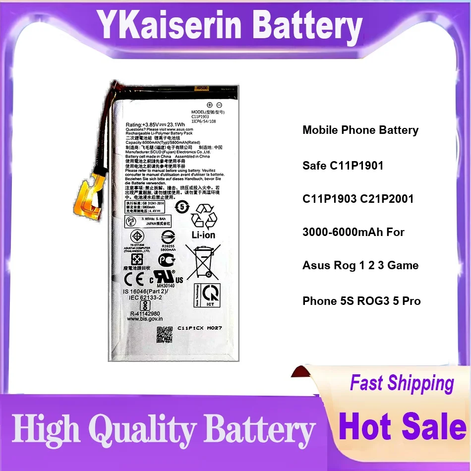 

Mobile Phone Battery Safe C11P1901 C11P1903 C21P2001 3000-6000mAh For Asus Rog 1 2 3 Game Phone 5S ROG3 5 Pro
