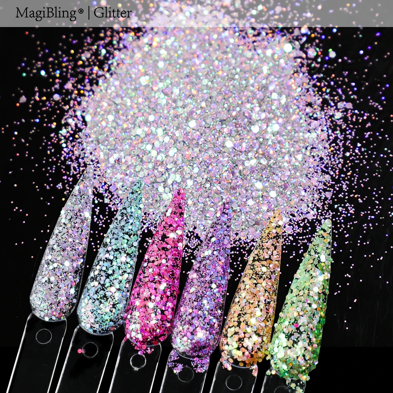 Misturado Glitter Nail Art lantejoulas, Chunky Flocos, 3D Laser Paillette, Sparkly, Espelho, Chunky, Flocos, Suprimentos Manicure DIY, 10g por Saco