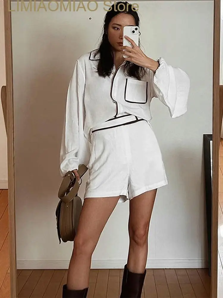 New Women Cotton Linen Shirt Shorts Sets Patchwork Pocket Shirts High Waist Pants Two Pieces Set Female Summer Chic Outfits