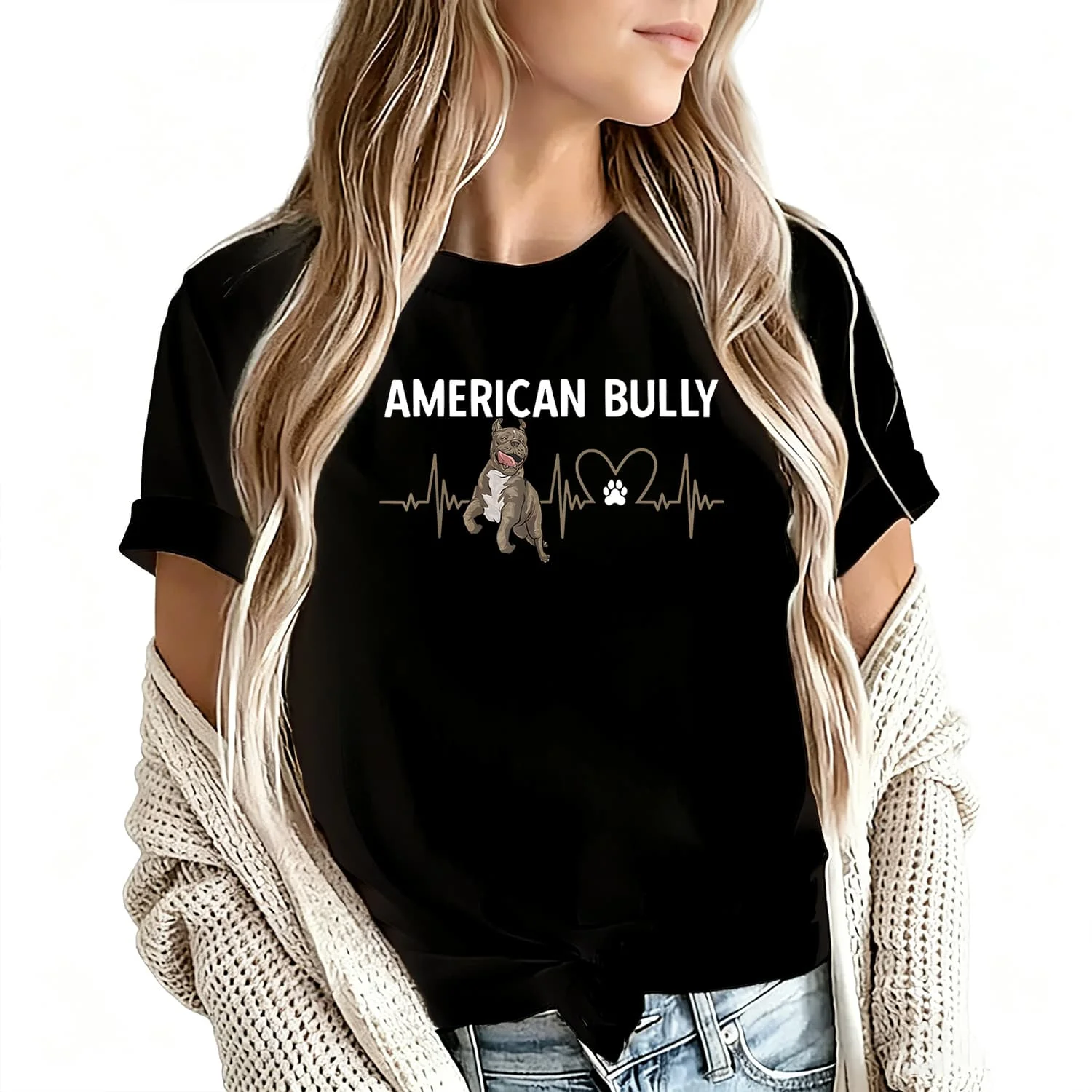 American Bully Dog Heartbeat XL American Bully Women's T-Shirt 100% Cotton Funny Graphic Short Sleeve Tee Novelty Shirt Casual Crew Neck Top S-5Xl