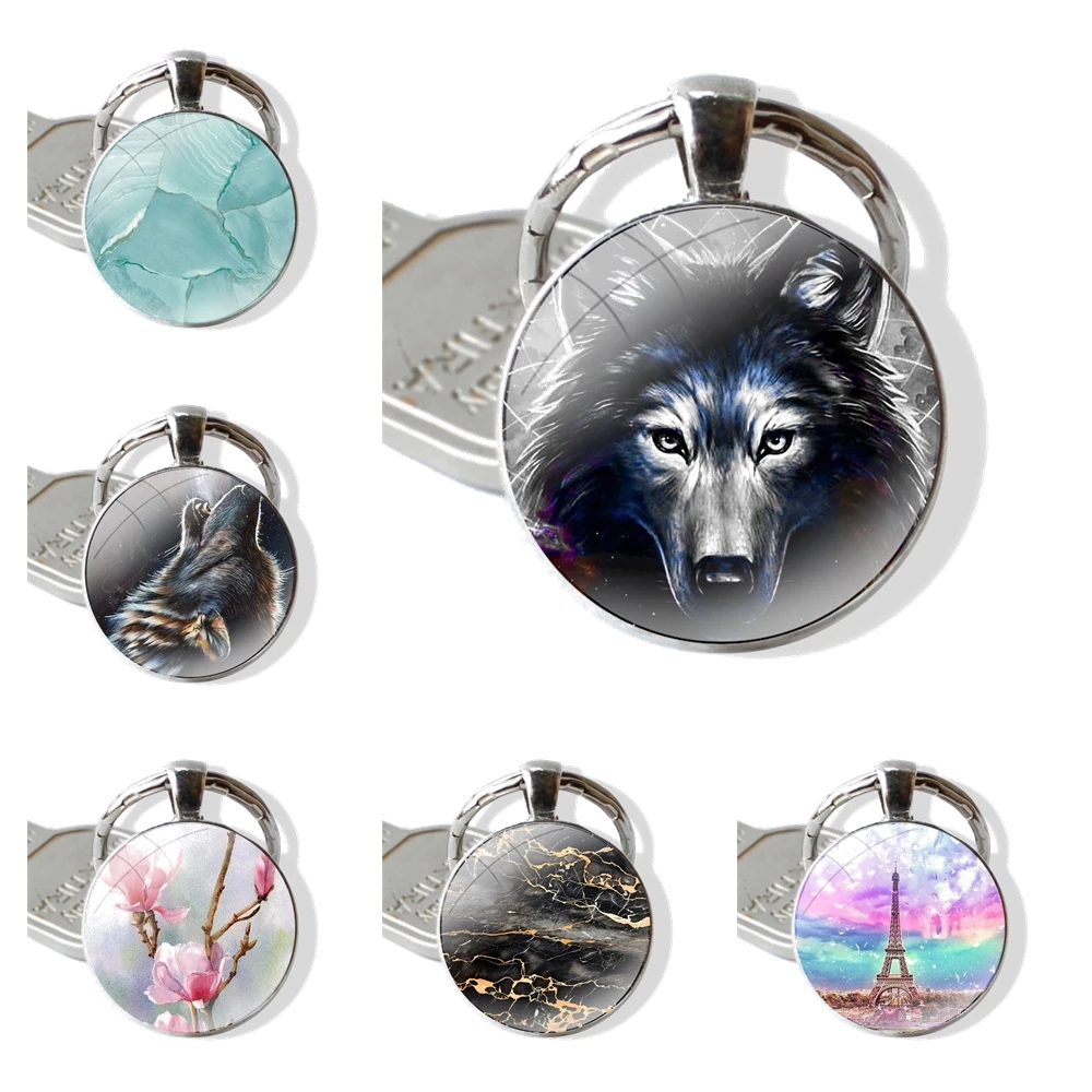 Keychain Handmade Glass Cabochon Key Ring Holder Pendant Key Chains Dark Various Style Wolf