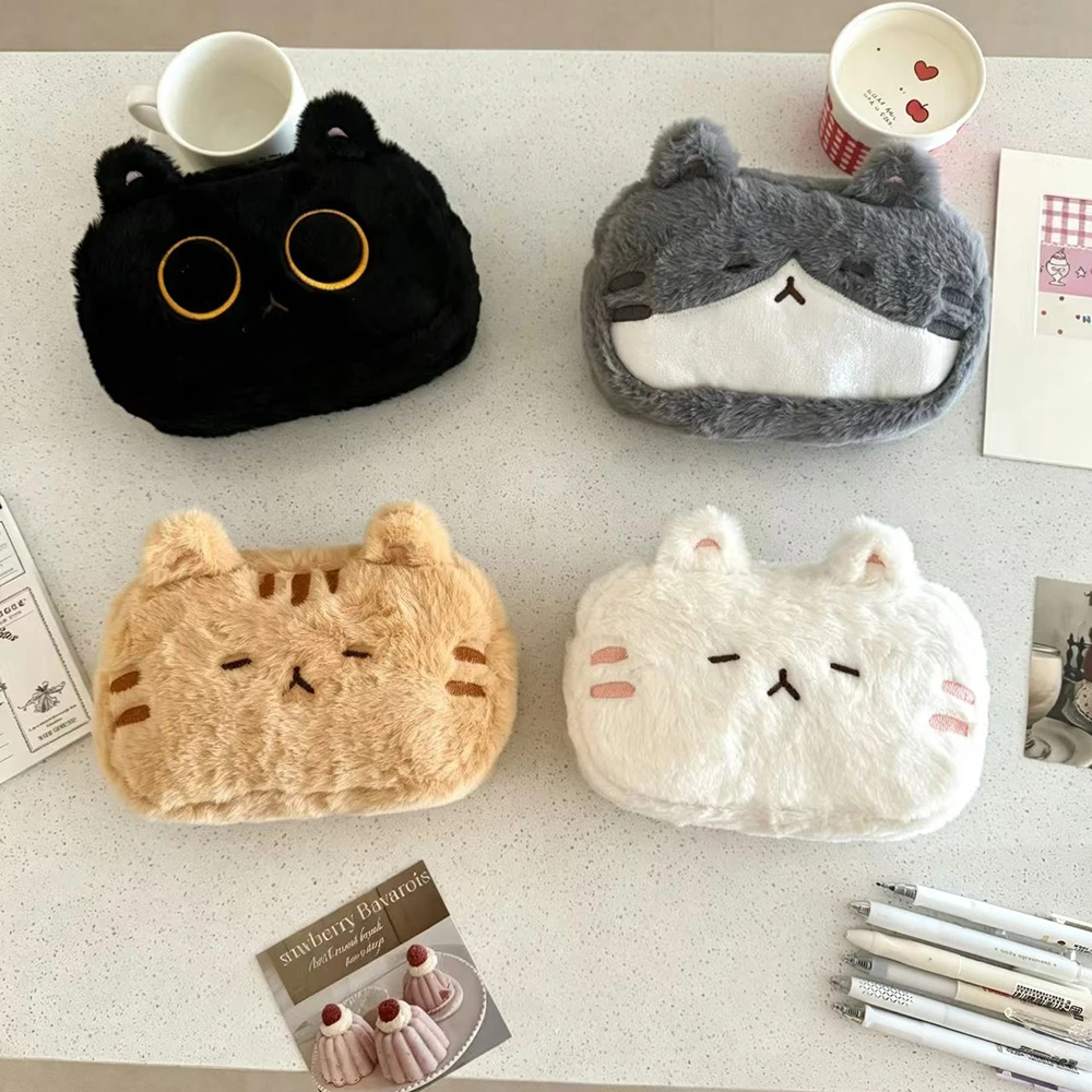Cartoon plush cat student pencil case, embroidered cute large capacity desktop stationery storage bag