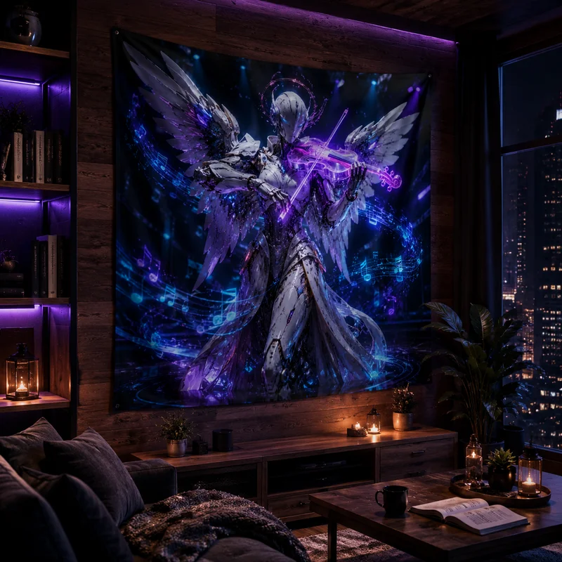 VIKAMA Future Mech Angel Tapestry, Featuring Mechanical Wings And Musical Notes On The Wall, Suitable For Home Decoration.