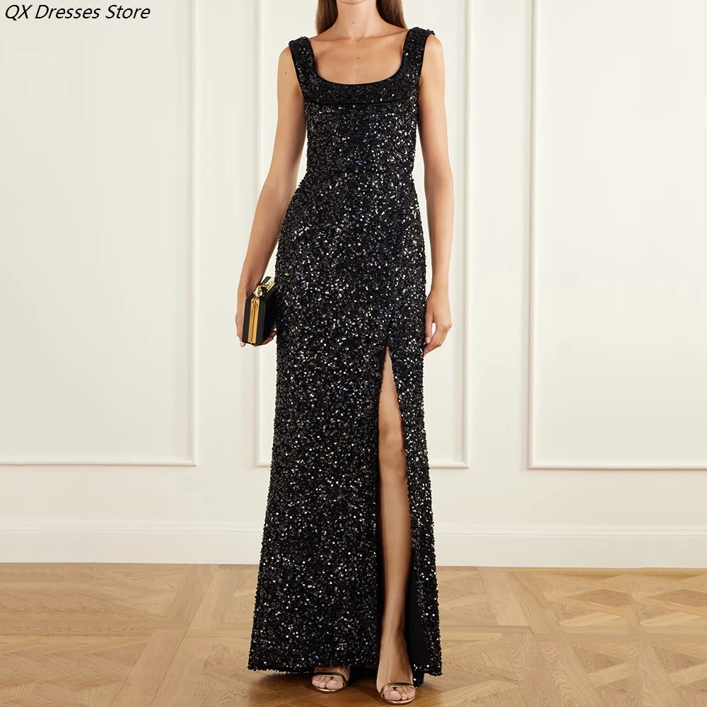 A-line Woman's Evening Dresses Floor-length Scoop-neck Sleeveless Prom Dresses Fashion Sequined Simple Draped Customized Gowns