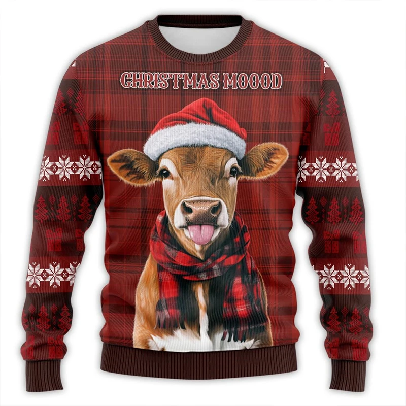 Santa Hat Cow 3D Printed Ugly Christmas Sweater For Women Clothes Casual Unisex Long Sleeve Pullovers Xmas Cows Boy Sweatshirts