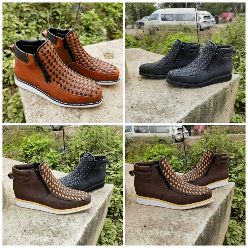 Men's Trend Side Zipper Shoes Fashion Slip On Flat European American Footwear Retro Hand Woven Western Cowboy Boots New 2026