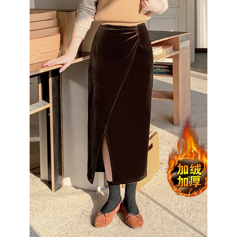 Velvet Skirt Women2024New Autumn and Winter Split Fleece-lined Skirt Small Slimming Thickened Suit Straight Skirt