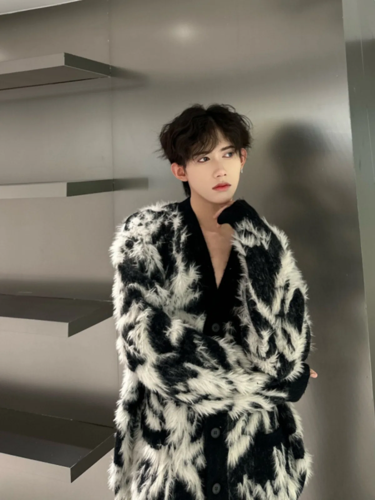 Men's Faux Fur Knit Cardigan Deep V-Neck Jacquard Sweater Winter Vintage Loose Fit Oversized Pullover Premium Lounge Clothes