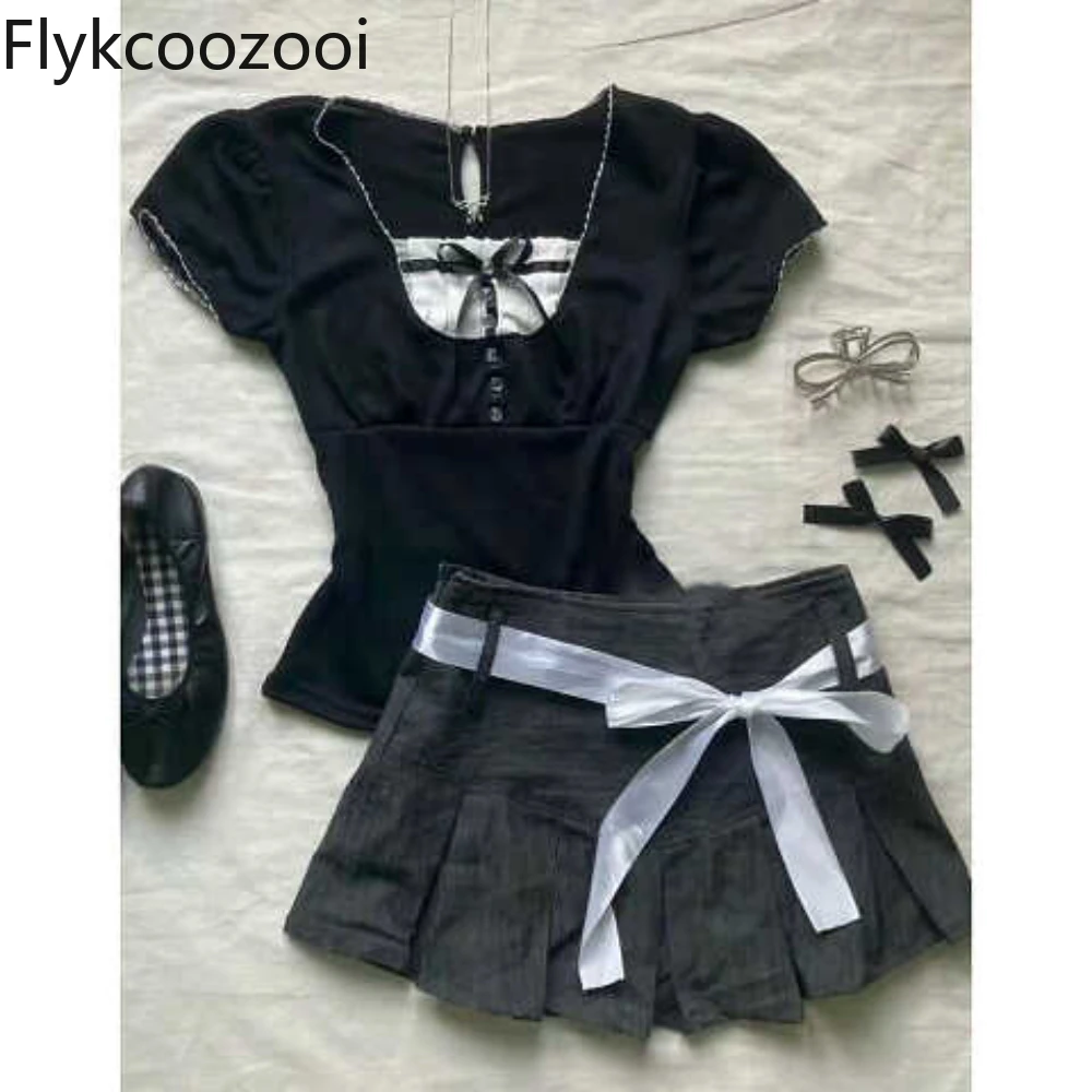 Summer Wear Girls Small Korean Short Bow Blouse Pleated Skirt Two-piece Set Conjunto De Saia E Blusa Moda Evangélica