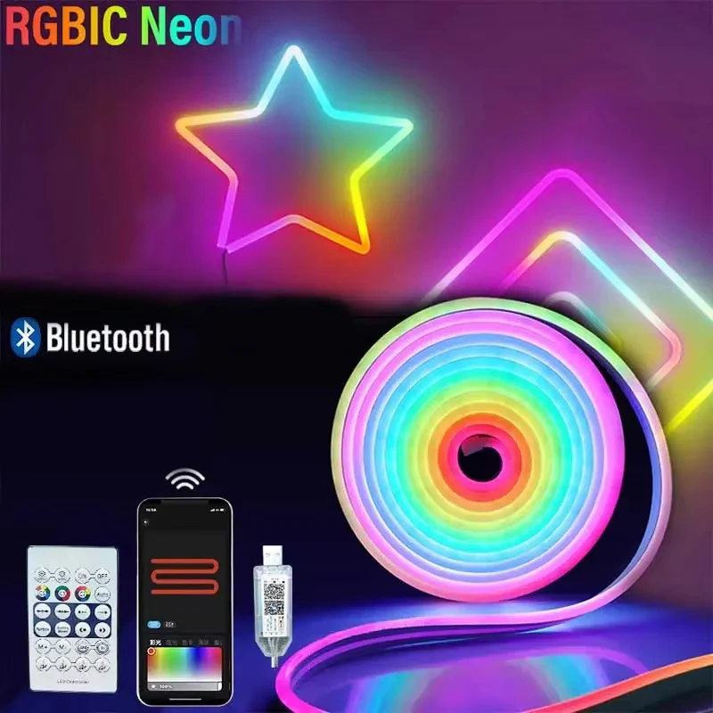 

WS2812B USB 5 В RGBIC Неоновая светодиодная лента Bluetooth Синхронизация музыки Гибкая веревочная лента DIY Неоновый игровой стол Украшение стены спальни
