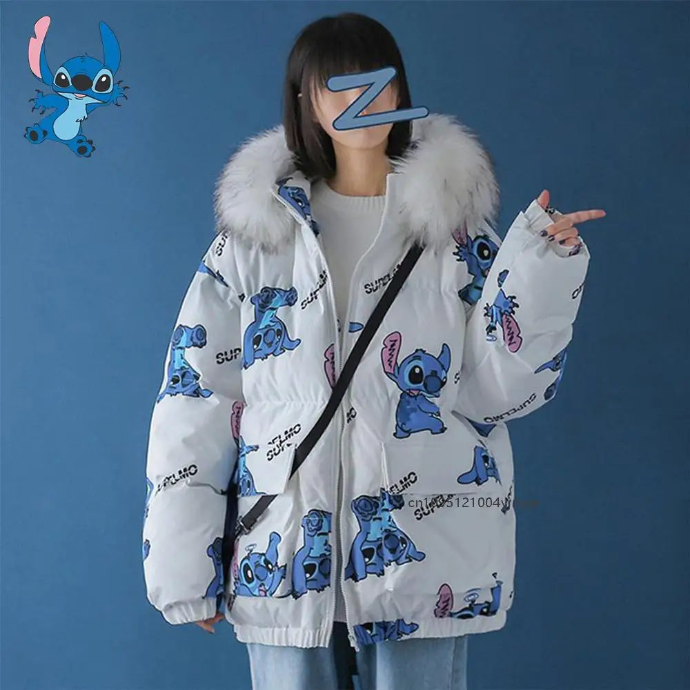 Disney Stitch Cute Print Down Cotton Jacket Winter New Korean Version Loose Cotton Coat Trend Casual Warm Versatile Zipper Coat