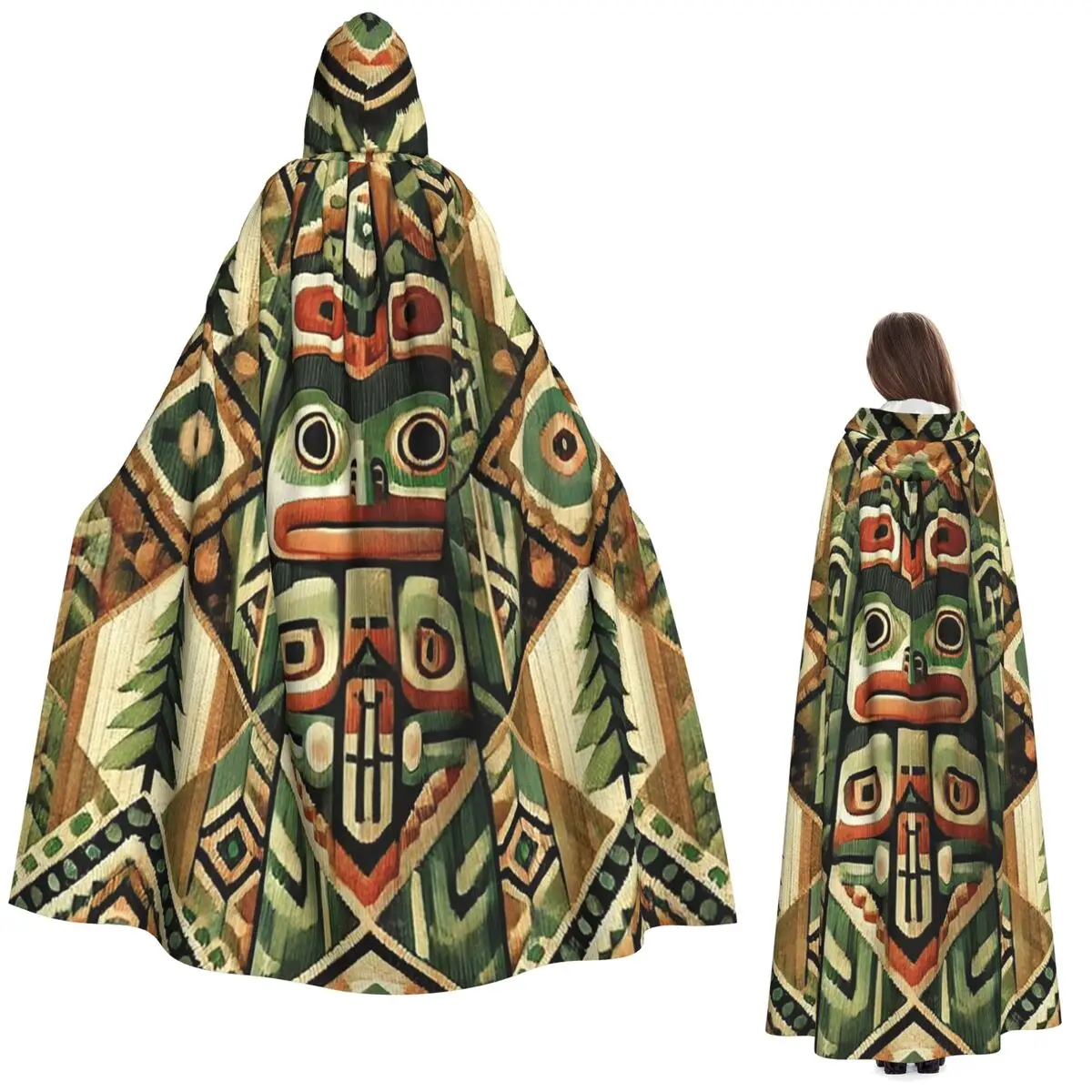 

Tribal North American Totem Pole Forest Design Long Hooded Cloak Witch Medieval Costume Cosplay Cape HalloweenVampire Unisex