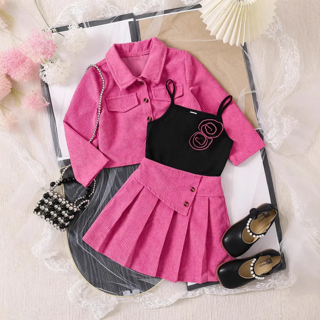 

Skirt European American New Spring Autumn Styles Trendy Girls 3-Piece Set Long Sleeve Jacket Printed Top Pleated Children Suits
