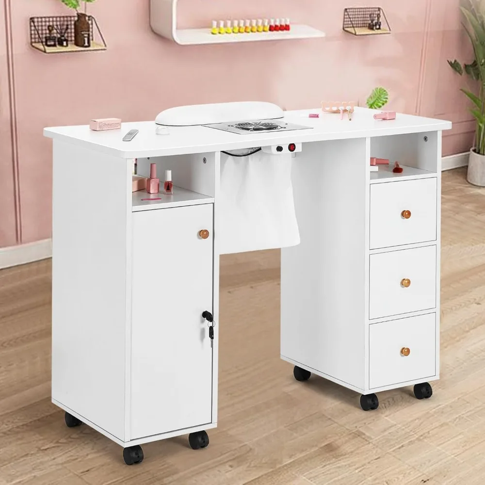 hand Manicure Table, Nail Table, Nail Beauty Manicure Desk, Wrist Cushion, Lockable Wheels, Storage Drawers