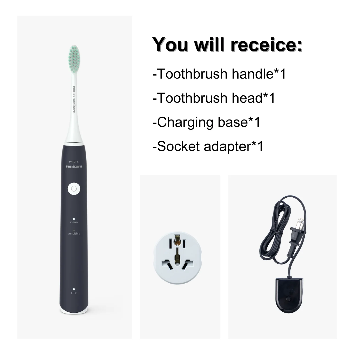 Philips 2000 series HX2431 electric toothbrush Adult Sonic toothbrush Replacement head Black, White