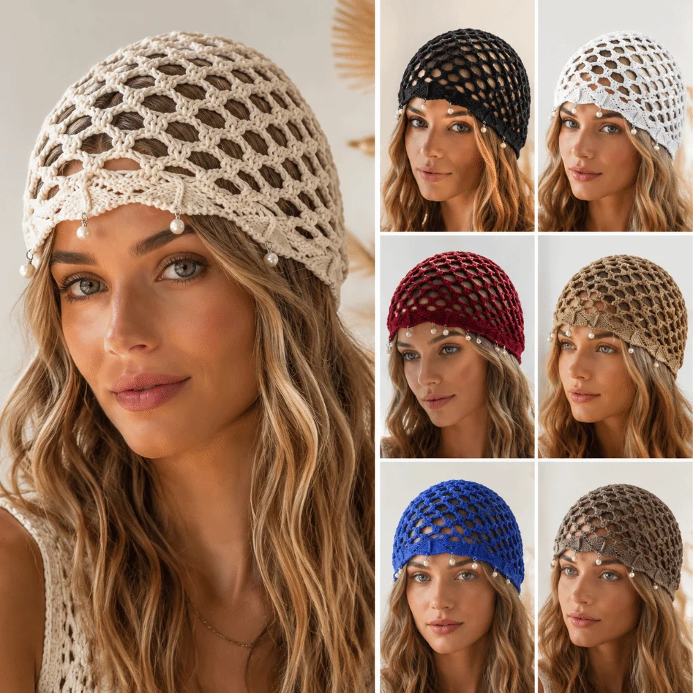 Hollow Out Crochet Knitted Hat Beads Tassels Decorative Design Mesh Knitted Hat Handmade Charm Pullover Style Hollow Knit Cap