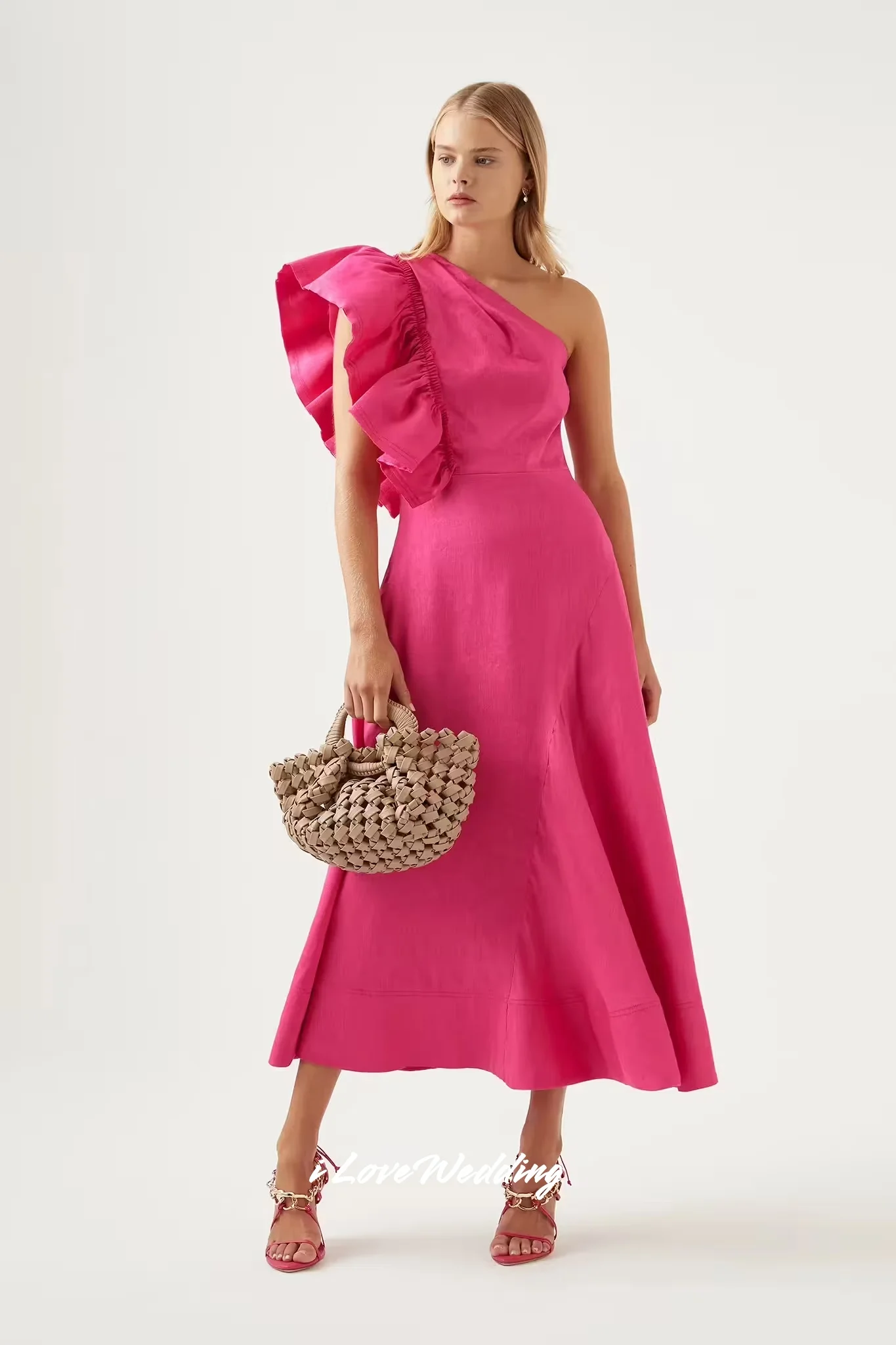

Fuschia One Shoulder Prom Dress 2025 Sleeveless A-Line Evening Dress Tea-Length Elegant Pleated Wedding Party Dresses Customized