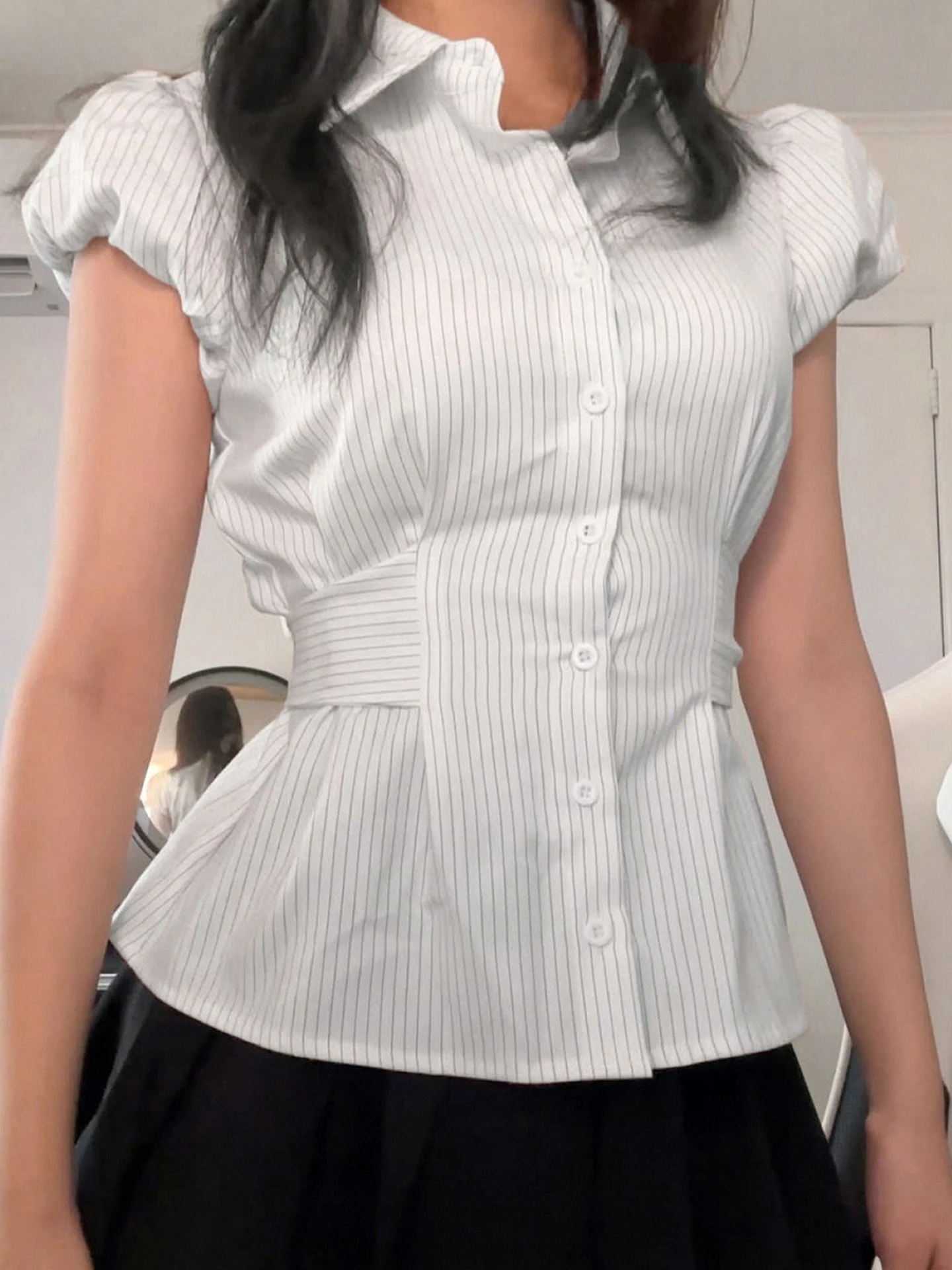 plus Size Women's Shirt Summer New Style Slimming Waist Bubble Sleeve Striped Casual Short Sleeve Turn-down Collar Top