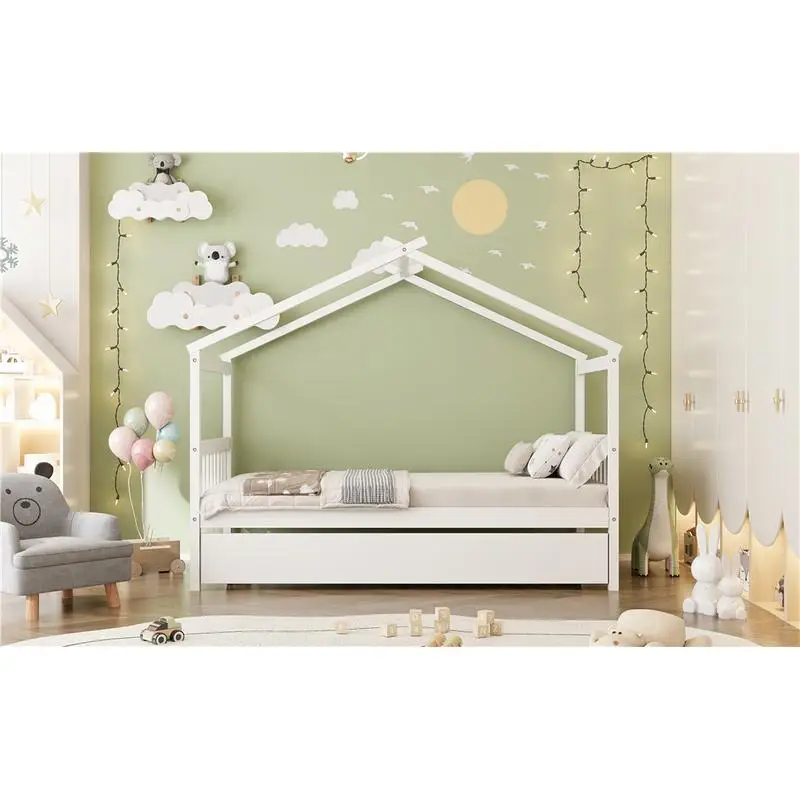 سرير منزل خشبي مزدوج الحجم مع دولاب، لمسة نهائية بيضاء