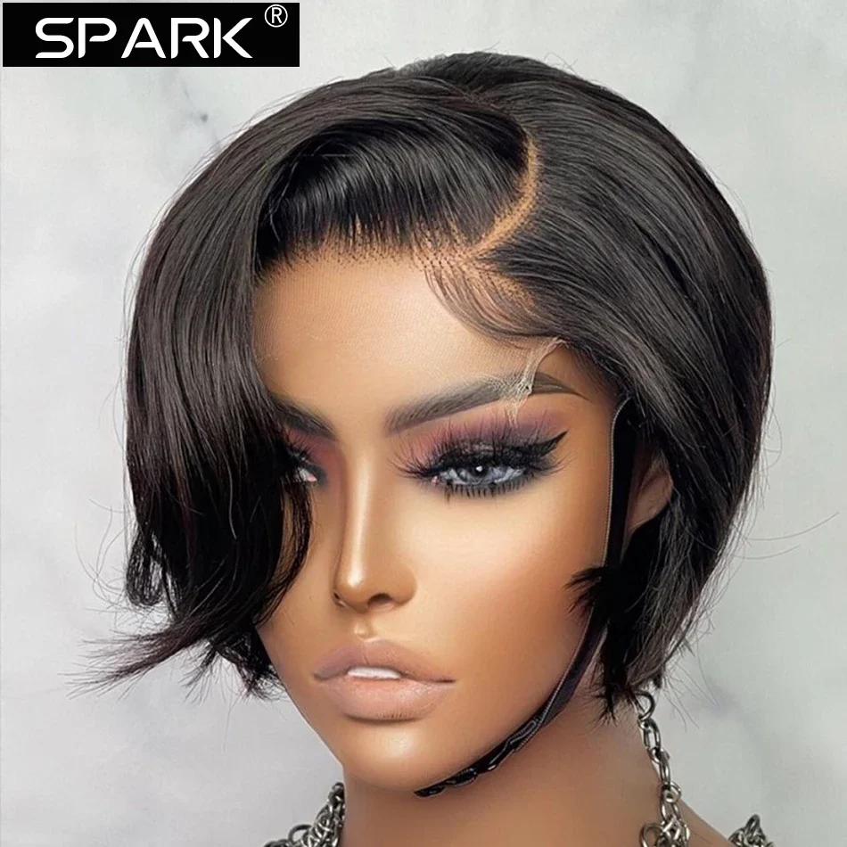 SPARK-Perruque Bob en Cheveux Naturels Courts et Lisses, Coupe Pixie, Dentelle Transparente, Pré-Plumés, pour Femme