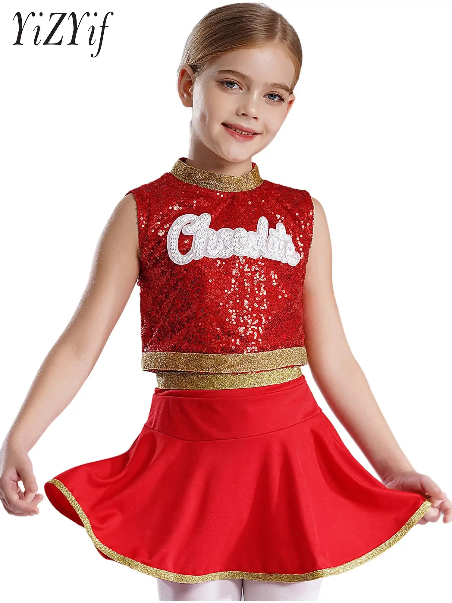 

Kids Girls Cheerleading Jazz Dance Performance Outfit Sleeveless Letter Pattern Sparkly Sequins Crop Tops with Skirt for Prom