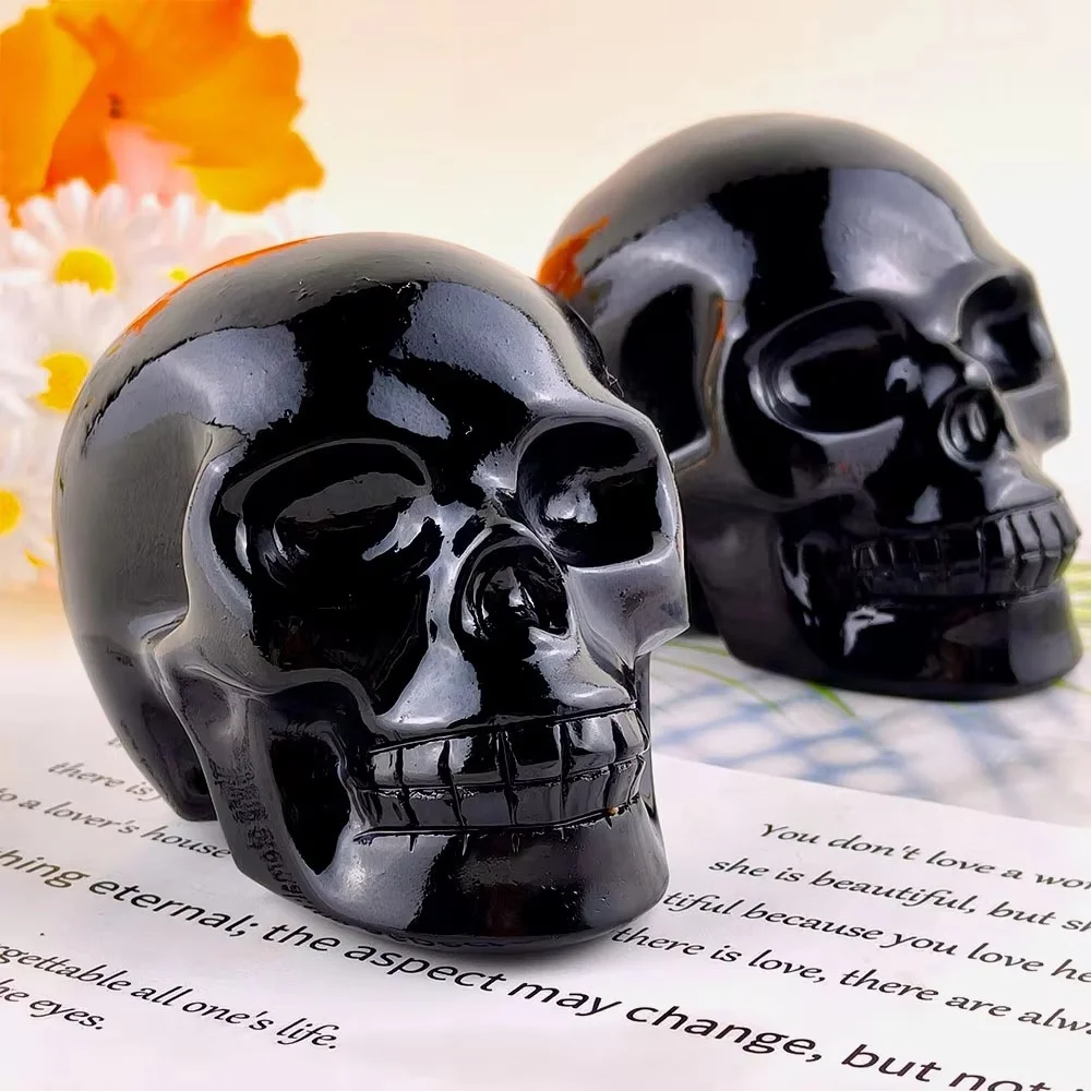 Natural Black Obsidian Skull Hand Carved Crystal Skull Statue Polished Gemstone Reiki Healing Chakra Energy Stone Halloween Gift
