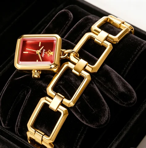 YaLaLuSi  Vintage Minimal Ladies Watch Gloss Wine Red Square Dial Hollow Oversized Square Loop Chain Bracelet Elegant Office Quartz Wristwatch For Women