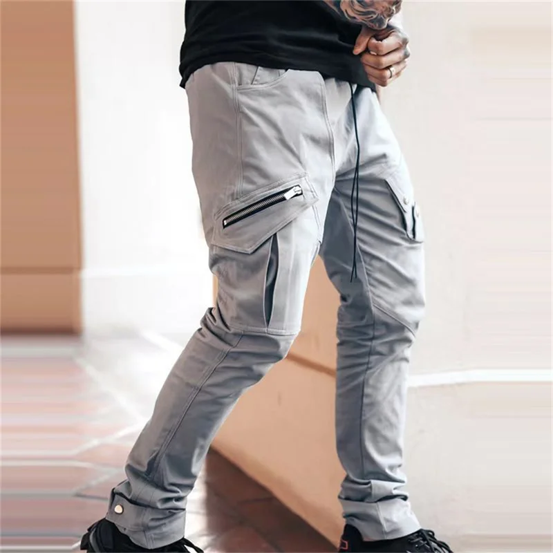 Calça de harém de bolso lateral masculina com zíper, preta, hip-hop, corredores casuais masculinos, moda streetwear, 2022