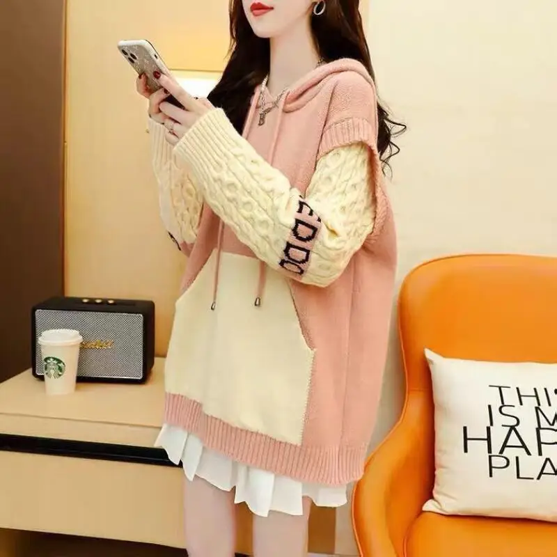 

Autumn Winter New Style Fashion Versatile Lazy Style Hooded Spliced Sweater Casual Loose Western Style Knitted Hooded Sweater