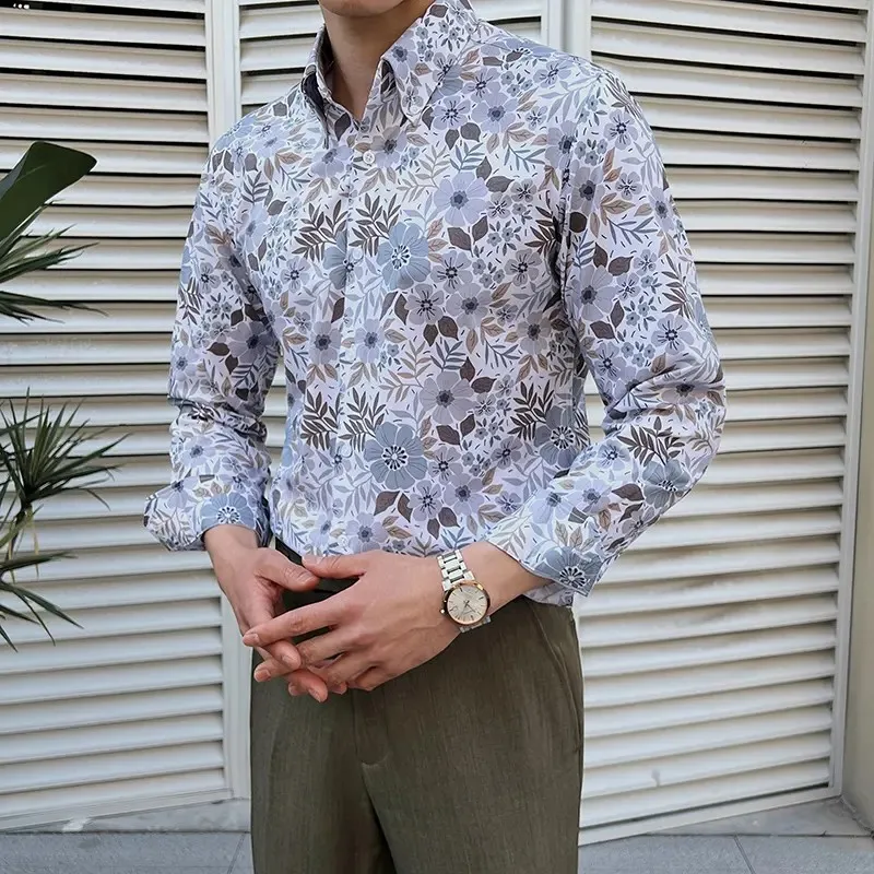 French Big Collar Shirt Men Long Sleeve Ice Silk Printed Blouse Casual Menswear