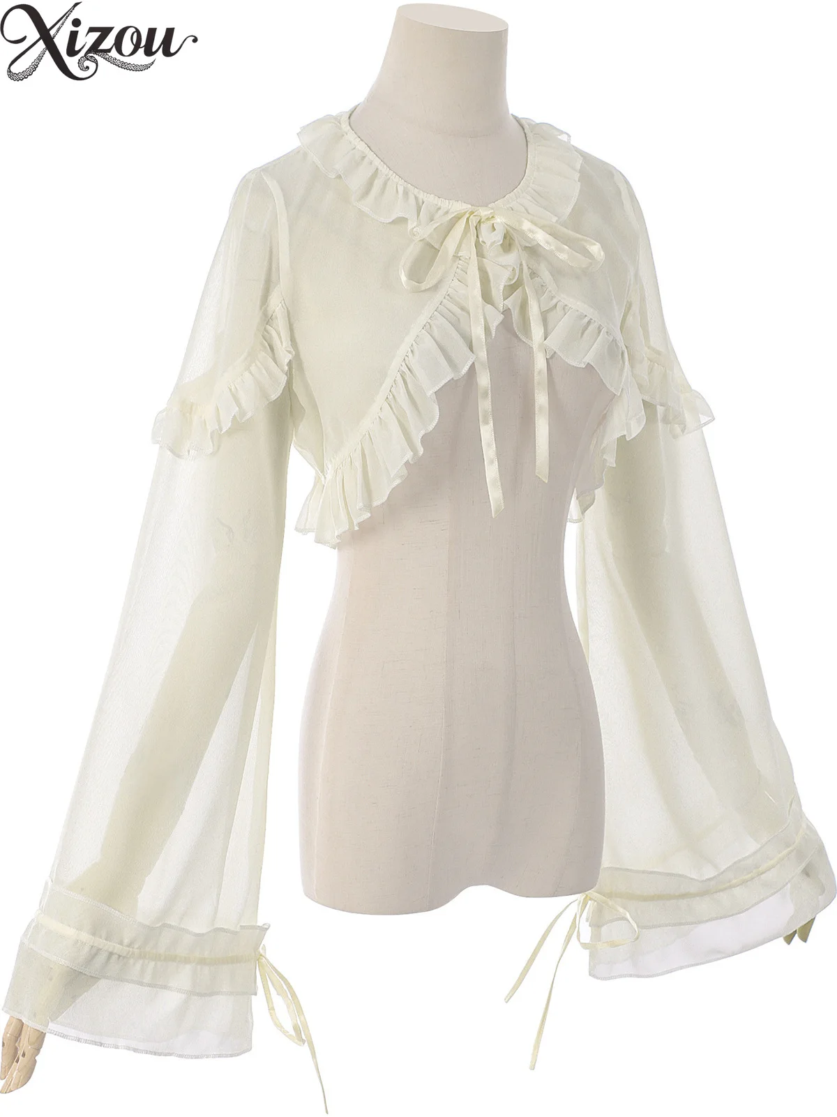 2025 قمصان لوليتا الحلو خمر الدانتيل يصل كشكش بوليرو القوس مضيئة كم اقتصاص بلوزة الفرنسية الجنية الصيف المرأة الأبيض رقيقة بلوزة #2