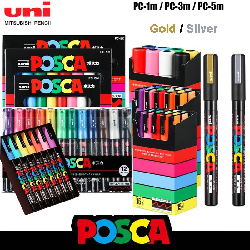 Posca Gold Metal Markers Mitsubishi Silver Art Mark Pen, PC-1M/3M/5M Japan Import Poster Brush Painting Supplies for Any Surface