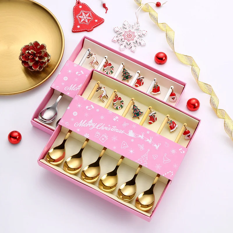 Stainless Steel Cutlery Set 6pcs Christmas Children's Gift Box With Xmas Pendant, Dessert & Fruit Forks, Coffee Spoon -