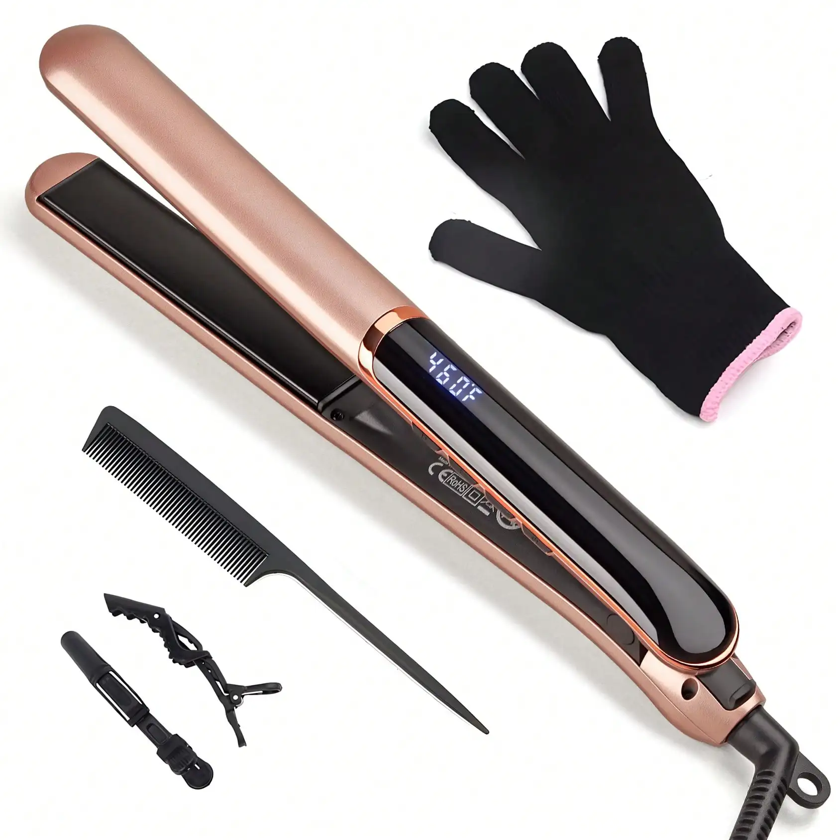 Flat iron straightener with floating plate, 14 adjustable temperatures, dual voltage digital display